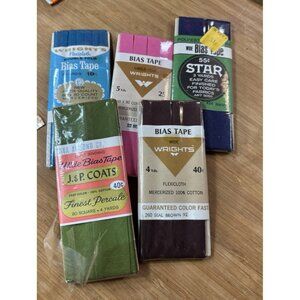 Lot 5 Vintage Double Single Fold Bias Tape Wrights Star Green, Brown Blue Pink